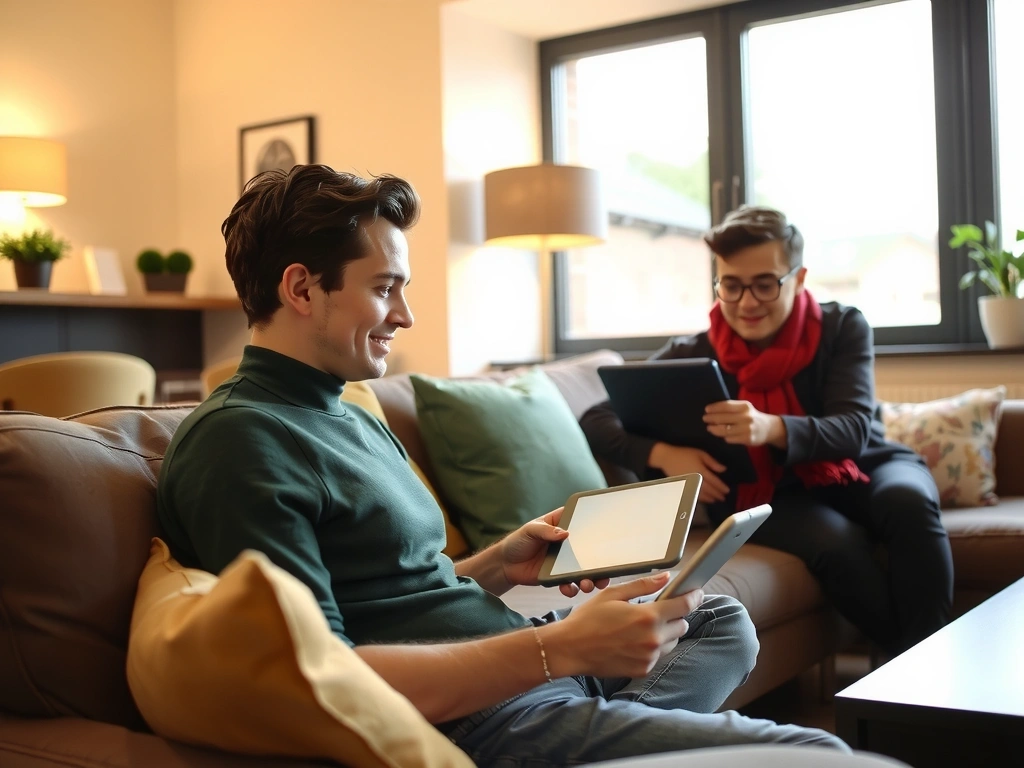 Parent guiding teenager with technology